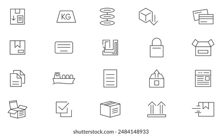 Distribution line Icons set. Logistics, distributor, exports, freight, warehouse, custom inspection, supply chain, delivery outline icon collection. UI thin outline icons pack.