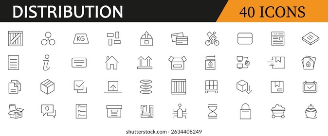 Distribution line Icons set. Logistics, distributor, exports, freight, warehouse, custom inspection, supply chain and delivery related outline icon collection. editable stroke.