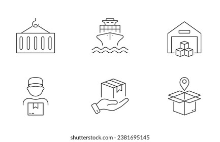 Distribution and Logistic Line Icon Set. Warehouse, Transportation, Cargo Linear Pictogram Collection. Outline Symbol. International Boat Shipping Sign. Editable Stroke. Isolated Vector Illustration.