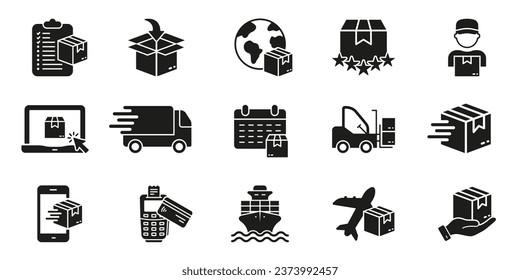 Distribution and Logistic Silhouette Icon Set. Cargo Fast Delivery Glyph Pictogram. Parcel Package, Express Transportation Solid Sign. Online Shopping Symbol Collection. Isolated Vector Illustration.