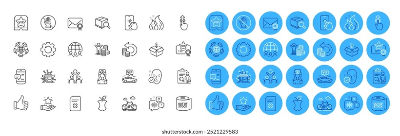 Distribution, Loyalty program and Corrupt line icons pack. Global business, Health skin, Organic waste web icon. Swipe up, Get box, Search package pictogram. Delete file, Vip certificate. Vector
