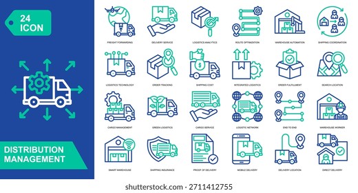 Conjunto de colecciones de iconos de administración de distribución. Reenvío de carga, Servicio de entrega, Análisis logístico, Optimización de rutas. Iconos del vector del color de línea