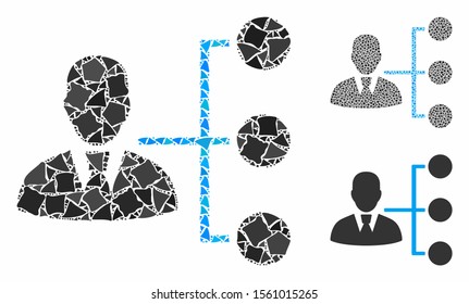 Distribution manager composition of raggy pieces in variable sizes and color hues, based on distribution manager icon. Vector raggy pieces are composed into composition.