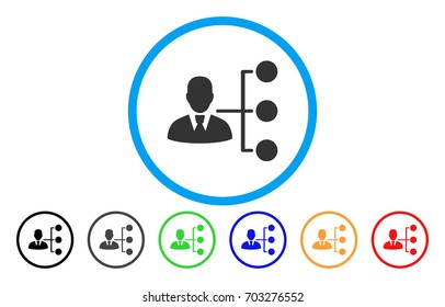 Distribution Manager vector rounded icon. Image style is a flat gray icon symbol inside a blue circle. Bonus color versions are grey, black, blue, green, red, orange.