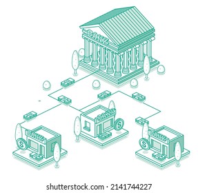 Distribution of Money between the Central Bank and Commercial Banks. Isometric Financial Concept. Infographic Design Element. Cash Circulation Scheme.