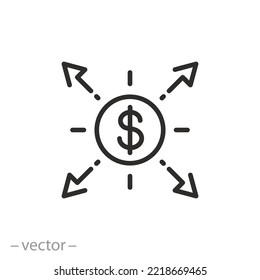 distribution money icon, share cash, diversification marketing, thin line symbol on white background - editable stroke vector illustration eps10