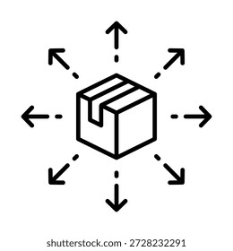 Distribution network icon representing outbound logistics, multi-directional shipping, and product delivery from a central distribution point.