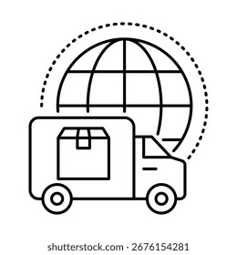 Vertriebsnetz mit Produktlieferung, Transport und Logistik für den Geschäftsbetrieb. Effiziente Produktverteilung für globale Märkte. Vektorgrafik.