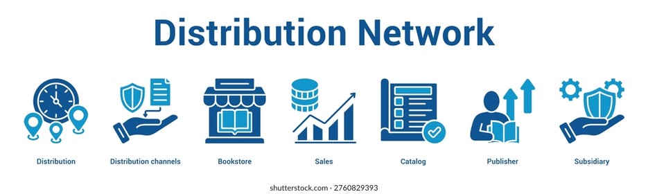 Distribution Network web banner icon set vector illustration concept for business with icon of Distribution, Distribution channels, Bookstore, Sales, Catal.