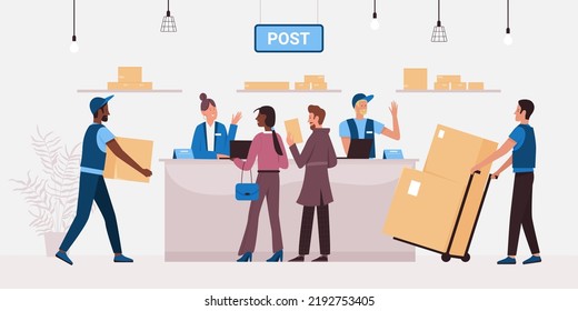 Distribution of parcels from warehouse and letters in post office Cartoon postal workers in uniform carry boxes, people send or receive packages flat vector illustration. Delivery, ecommerce concept