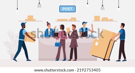 Distribution of parcels from warehouse and letters in post office Cartoon postal workers in uniform carry boxes, people send or receive packages flat vector illustration. Delivery, ecommerce concept