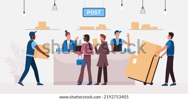 Distribution of parcels from warehouse and\
letters in post office Cartoon postal workers in uniform carry\
boxes, people send or receive packages flat vector illustration.\
Delivery, ecommerce\
concept
