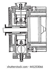 Distribution pistons-valves, Van den Kerchove system, vintage engraved illustration. Industrial encyclopedia E.-O. Lami - 1875.