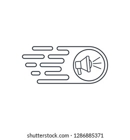 Distribution, promotion of information, advertising. Linear vector icon, white background.