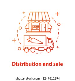 Distribution And Sale Concept Icon. Eco Food Shop Idea Thin Line Illustration. Agricultural Business. Eco Products Transportation. Vector Isolated Outline Drawing