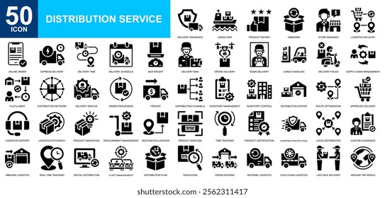 Distribution Service icon collection set. Delivery service, Distribution Service, logistics delivery, global distribution, commerce distribution icon. Simple glyph vector.