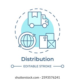 Distribution soft blue concept icon. Products reaching destinations efficiently. Circular economy. Round shape line illustration. Abstract idea. Graphic design. Easy to use in infographic