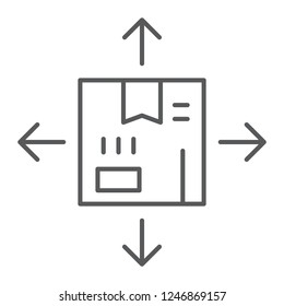 Distribution thin line icon, logistics and package, box with arrows sign, vector graphics, a linear pattern on a white background, eps 10.