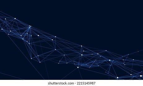 Distribution of triangular figures in space. 3d illustration of a futuristic network. Structure of network connections, connecting dots and lines. Abstract science background.