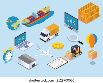 Distribution vector concept. Global logistic distribution with shipping transportation and laptop