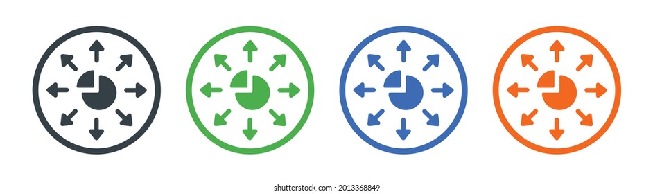 Verteilungsvektorsymbol. Geldmanagement-Konzept. Pie-Diagramm mit Pfeilen für die Verteilung Aktien Symbol.