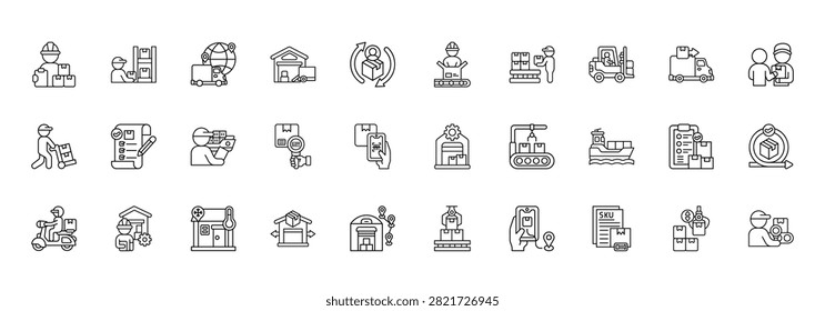 Distribution Warehouse Icon set Collection in Line Style. inventory, storage, logistic, stock, supplychain, packaging