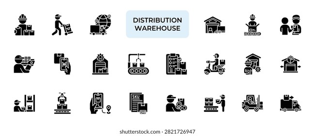 Distribution Warehouse Icon set Collection in Solid Glyph Style. inventory, storage, logistic, stock, supplychain, packaging