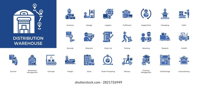 Distribution Warehouse Icon set Collection in Glyph Two Color Style. inventory, storage, logistic, stock, supplychain, packaging