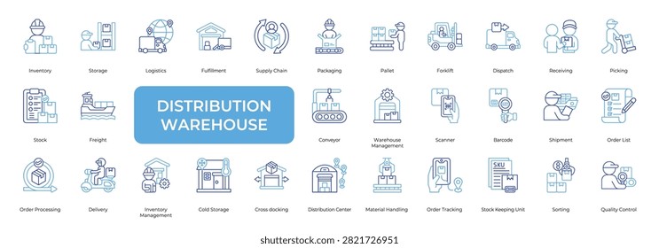 Distribution Warehouse Icon set Collection in Line Two Color Style. inventory, storage, logistic, stock, supplychain, packaging