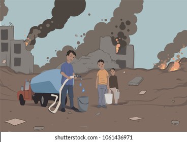 Distribution Of Water To The Victims Of The Military Conflict, Humanitarian Aid. Water Scarcity. Vector Illustration.