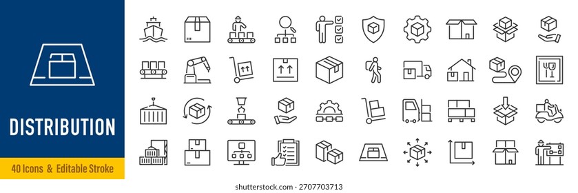 Iconos web de distribución en estilo de línea. Cadena de suministro, carga, barco, logística, entrega, camión, comercio. Trazo editable. Ilustración vectorial.