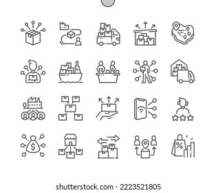 Distributor. Unternehmensmanagement-Prozess. Export, Frachtschiff, Lieferung. Pixel Perfect Vector Thin Line Icons. Einfaches Minimal-Piktogramm