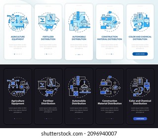 Distributor business provide onboarding mobile app page screen. Trade walkthrough 5 steps graphic instructions with concepts. UI, UX, GUI vector template with linear night and day mode illustrations