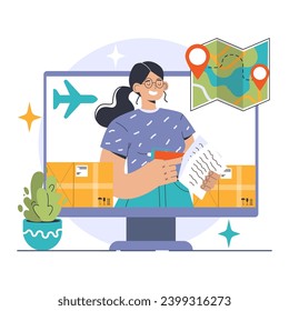 Distributor concept. Efficient woman managing logistics, monitoring shipments on a computer screen. Global trade, package delivery, and location tracking. Flat vector illustration
