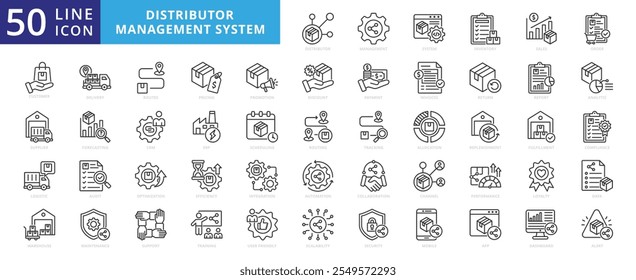 Ícone do sistema de gerenciamento do distribuidor definido com inventário, vendas, ordem, cliente, fornecedor, logística, depósito, entrega, roteiro, preços, promoção, devolução, relatório, análise, previsão e fatura