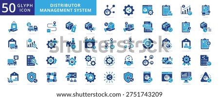Distributor management system icon set with inventory, sales, order, customer, supplier, logistics, warehouse, delivery, route, pricing, promotion, return, report, analytics, forecasting, and invoice