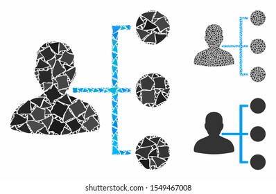 Distributor mosaic of uneven parts in variable sizes and color tints, based on distributor icon. Vector uneven elements are organized into mosaic. Distributor icons collage with dotted pattern.