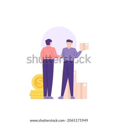 distributor and reseller concept, pay on the spot, cash on delivery. illustration of buyers and sellers conducting buying and selling transactions of goods. flat cartoon style. vector design
