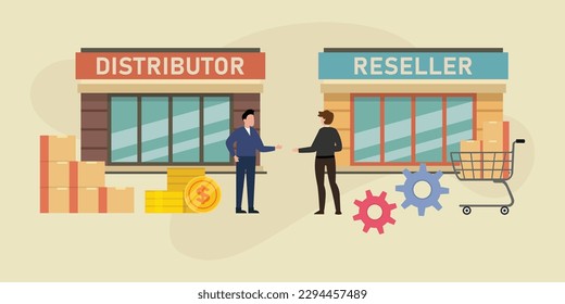 Distributor and seller shaking hands while standing in the front of the store 2d vector illustration concept for banner, website, illustration, landing page, flyer, etc