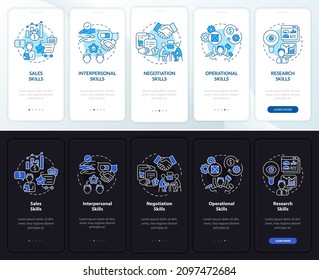 Distributor skills onboarding mobile app page screen. Start business walkthrough 5 steps graphic instructions with concepts. UI, UX, GUI vector template with linear night and day mode illustrations