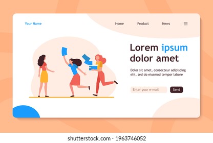 Distributors running with flyers. People giving papers, spreading leaflets flat vector illustration. Election or advertising campaign concept for banner, website design or landing web page