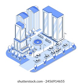 District of banks and office centers - vector isometric illustration. Finance and work in modern city, fountain, park area with benches, roadway with cars and buses. Image of the street in blue tones