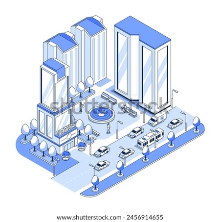 District of banks and office centers - vector isometric illustration. Finance and work in modern city, fountain, park area with benches, roadway with cars and buses. Image of the street in blue tones