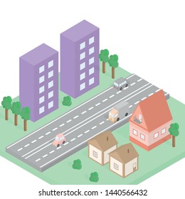 District of the city with the motorway. On two sides of the road are houses. 3d city. Cars drive on the road. Style - isometric.