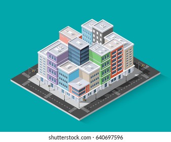 District of the city street houses Isometric 3D infrastructure, urban buildings and construction