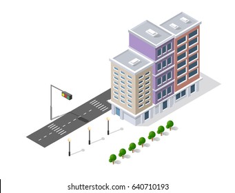 District of the city street houses Isometric 3D infrastructure, urban buildings and construction
