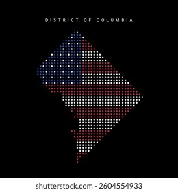 District of Columbia dot pixel map in the colors of the American flag. Flat vector illustration isolated on black background.