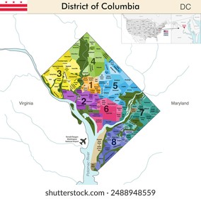 District of Columbia map with neighborhoods boundaries and colored by wards. Flag of the District of Columbia. Vector illustration