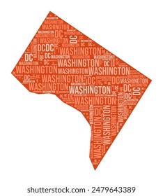 Forma Distrito de Columbia. Nube de palabras del estado con división del condado. Ilustración en color del Distrito de Columbia. Nube de nombres de condado. Ilustración vectorial.