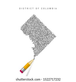 District of Columbia sketch scribble map isolated on white background. Hand drawn vector map of Washington, D.C. Realistic 3D pencil with eraser.
